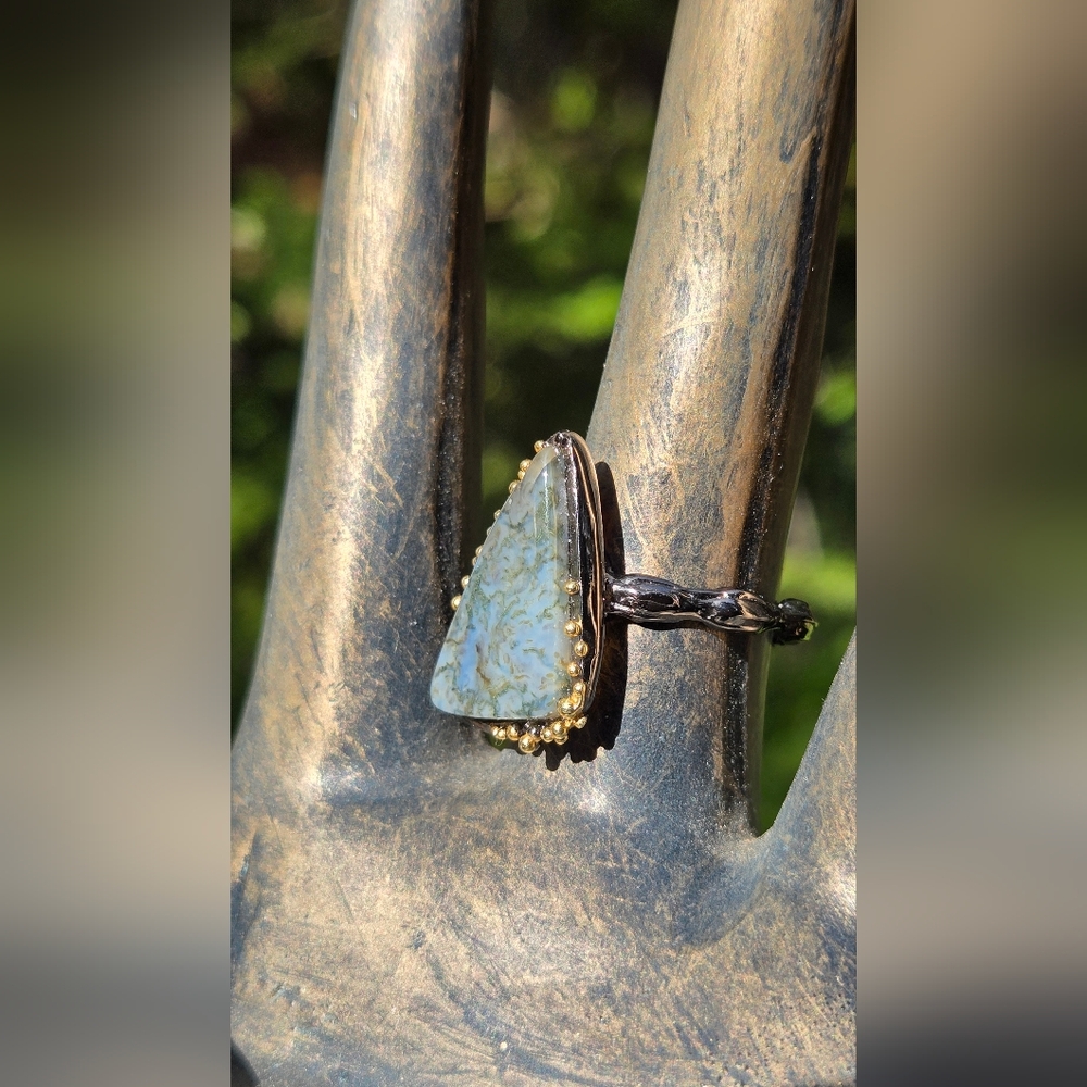 HOST PICK 🎉🎊Garden Agate 14k Natural Gemstone Sterling Rhodium & Gold Ring Sz9 - Picture 5 of 8